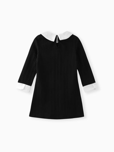 Kid Girl Avant-garde Solid Color Lapel Design Long Sleeve Dress Black