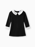 Kid Girl Avant-garde Solid Color Lapel Design Long Sleeve Dress Black