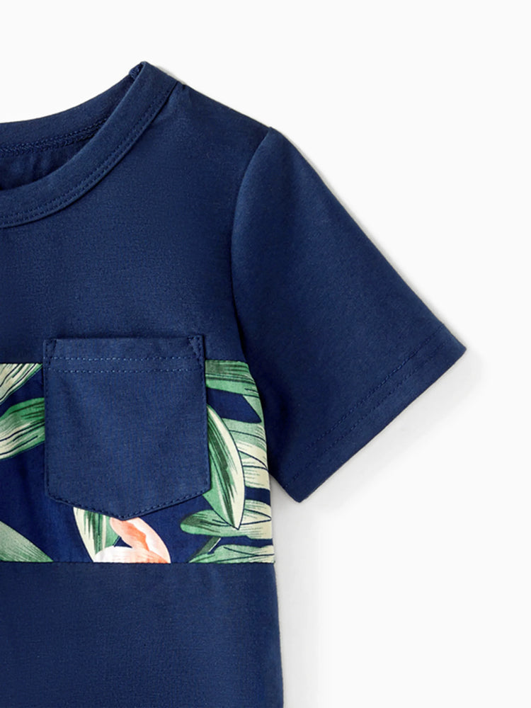 Daddy and Me Family Matching Sets Floral Panel Short-sleeve T-shirts or All Over Floral Print V Neck Spaghetti Strap Midi Dresses with Hidden Snap royalblue