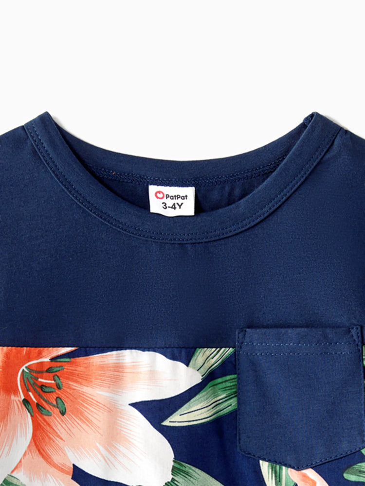 Daddy and Me Family Matching Sets Floral Panel Short-sleeve T-shirts or All Over Floral Print V Neck Spaghetti Strap Midi Dresses with Hidden Snap royalblue