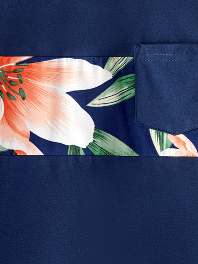 Ensembles familiaux assortis : t-shirts à manches courtes à empiècements floraux ou robes mi-longues à bretelles spaghetti et col en V à imprimé floral intégral avec bouton-pression dissimulé, bleu roi