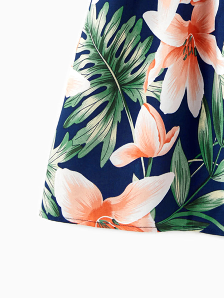 Ensembles familiaux assortis : t-shirts à manches courtes à empiècements floraux ou robes mi-longues à bretelles spaghetti et col en V à imprimé floral intégral avec bouton-pression dissimulé, bleu roi