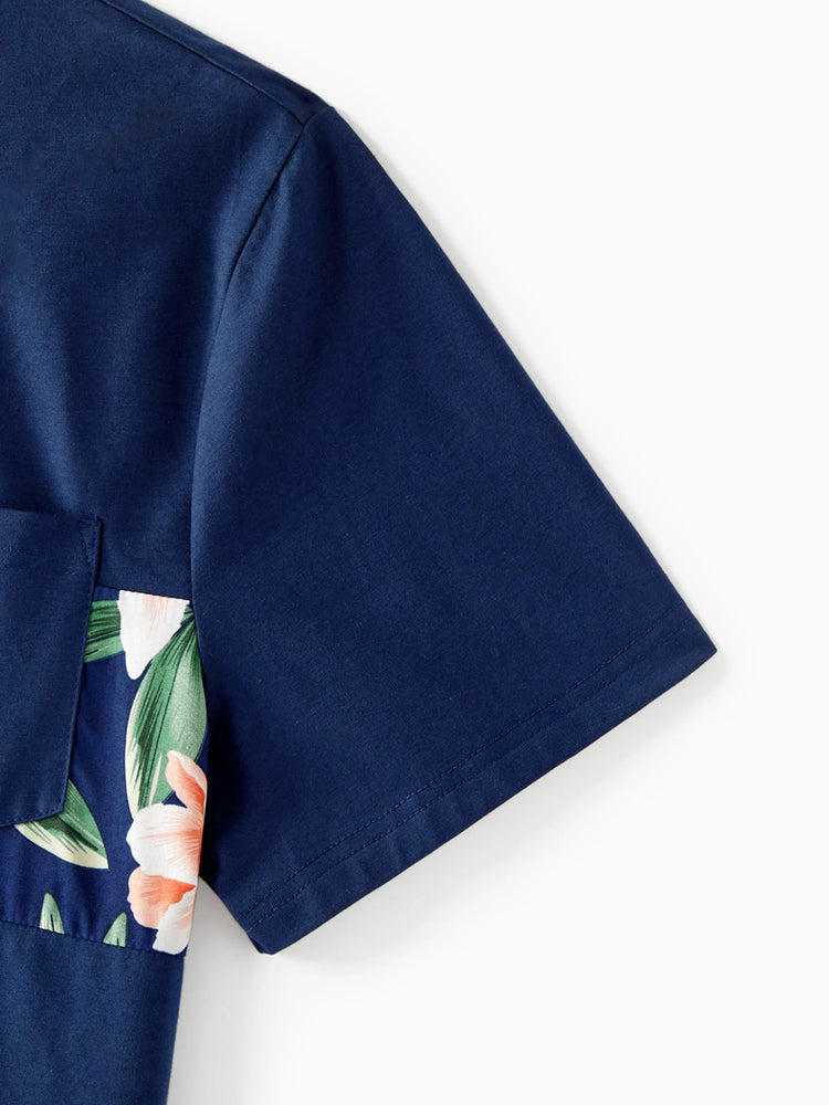 Daddy and Me Family Matching Sets Floral Panel Short-sleeve T-shirts or All Over Floral Print V Neck Spaghetti Strap Midi Dresses with Hidden Snap royalblue