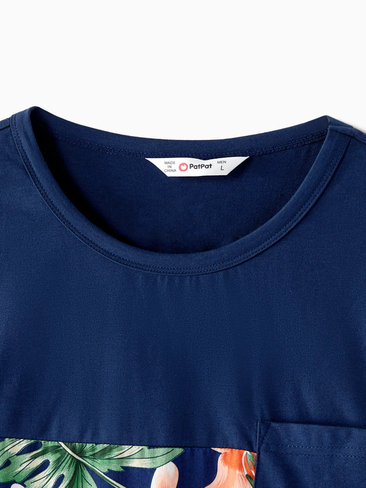 Ensembles familiaux assortis : t-shirts à manches courtes à empiècements floraux ou robes mi-longues à bretelles spaghetti et col en V à imprimé floral intégral avec bouton-pression dissimulé, bleu roi