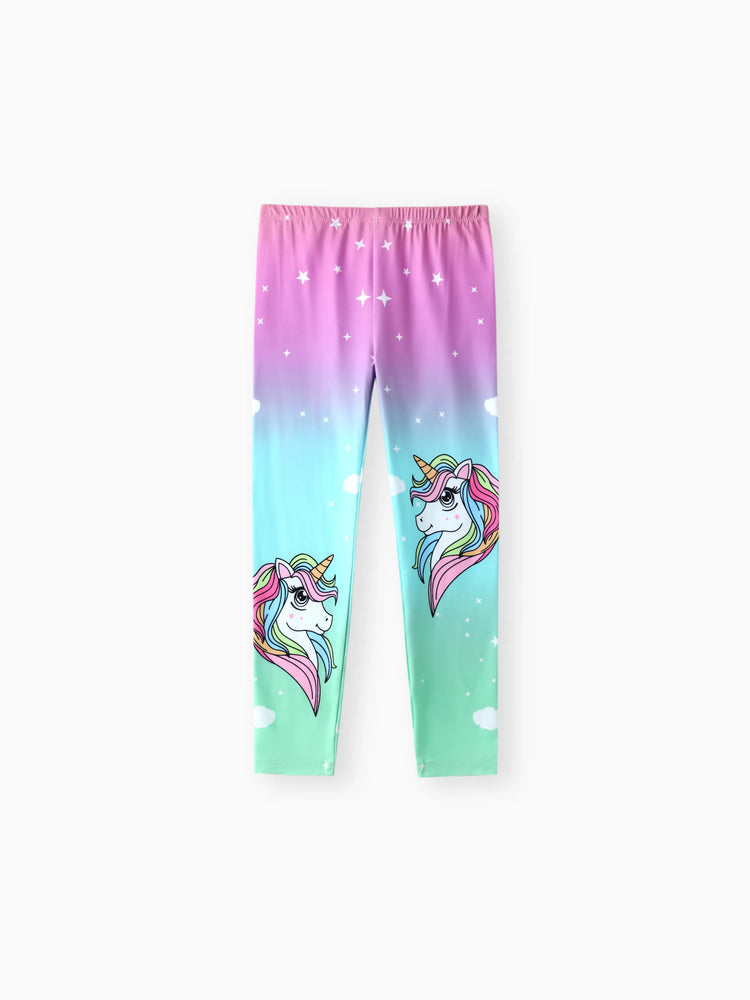 Kid Girl Unicorn Print Colorblock Elasticized Leggings Green