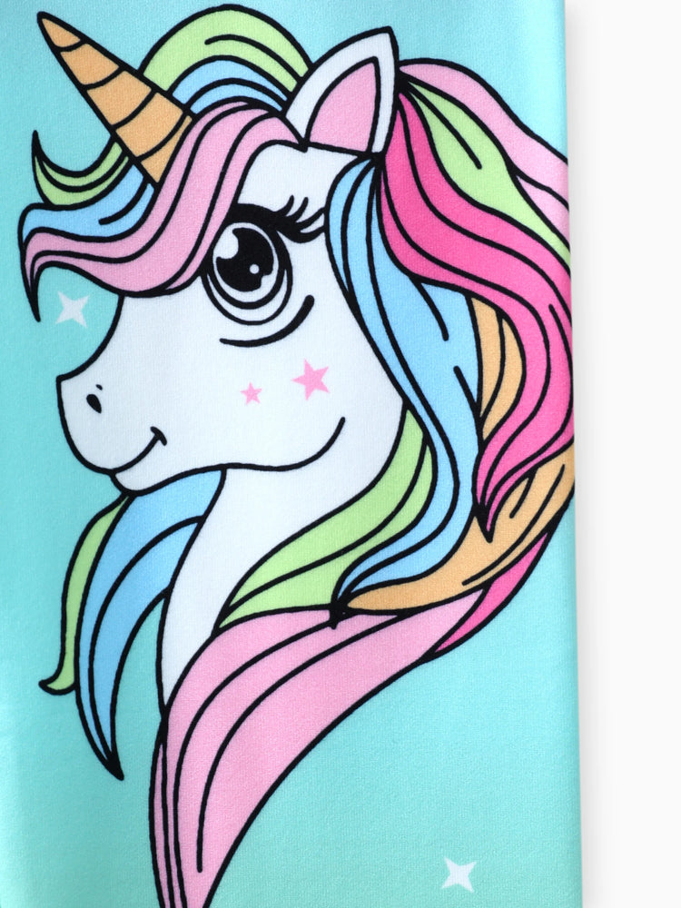 Kid Girl Unicorn Print Colorblock Elasticized Leggings Green