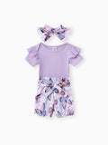 Ensemble 3 pièces pour bébé fille : barboteuse côtelée, short ceinturé et bandeau, violet