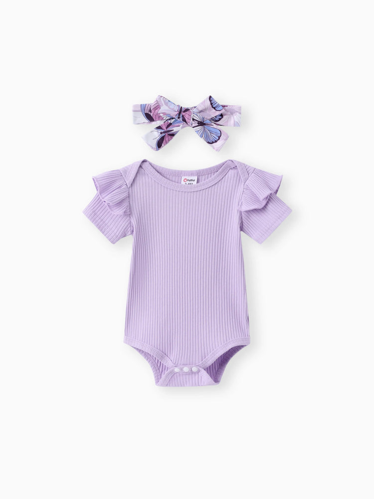 Conjunto de 3 piezas de mameluco acanalado para bebé niña, pantalones cortos con cinturón y diadema morado