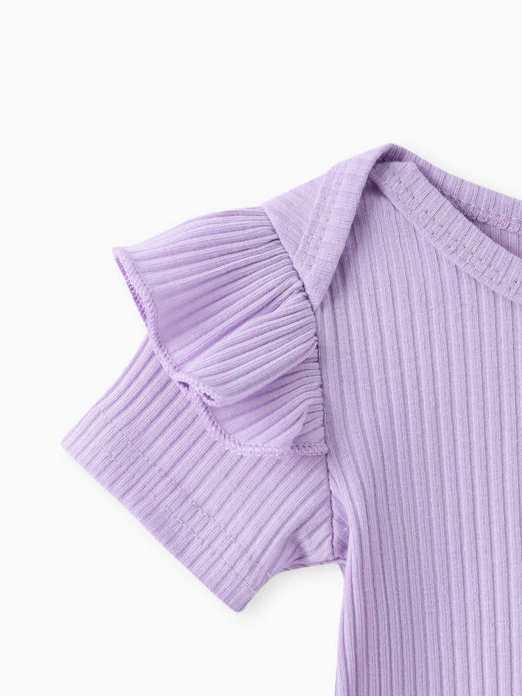 Conjunto de 3 piezas de mameluco acanalado para bebé niña, pantalones cortos con cinturón y diadema morado