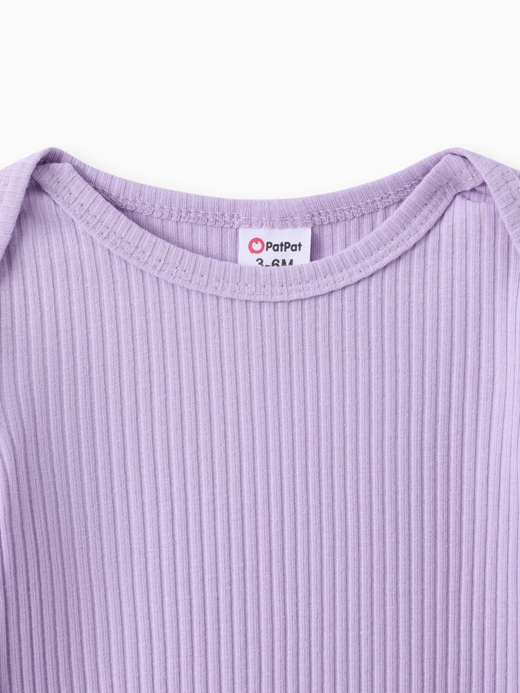 Conjunto de 3 piezas de mameluco acanalado para bebé niña, pantalones cortos con cinturón y diadema morado