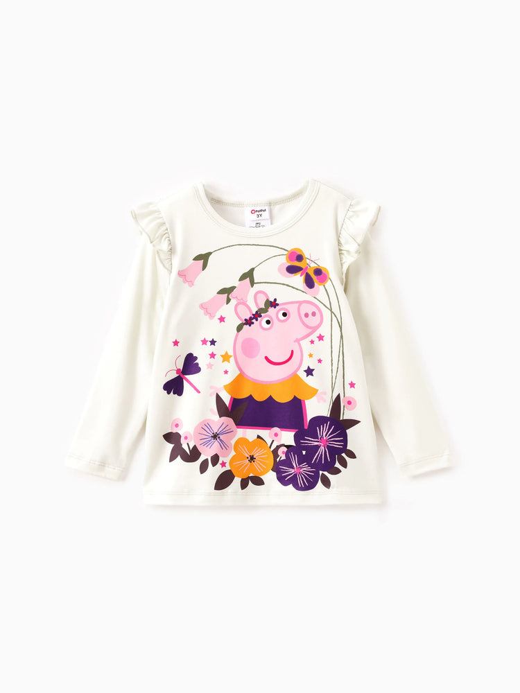 Ensemble t-shirt à manches longues et leggings à imprimé floral et pois pour petite fille Peppa Pig, couleur crème, 2 pièces