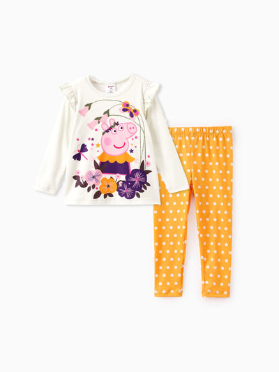 Ensemble t-shirt à manches longues et leggings à imprimé floral et pois pour petite fille Peppa Pig, couleur crème, 2 pièces