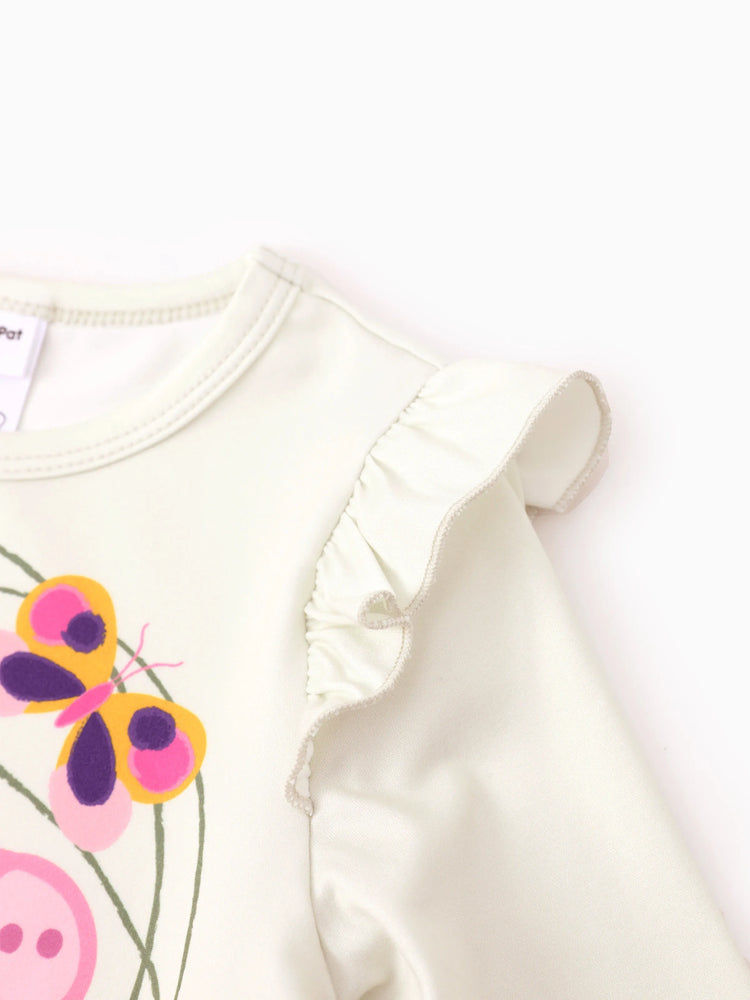 Ensemble t-shirt à manches longues et leggings à imprimé floral et pois pour petite fille Peppa Pig, couleur crème, 2 pièces