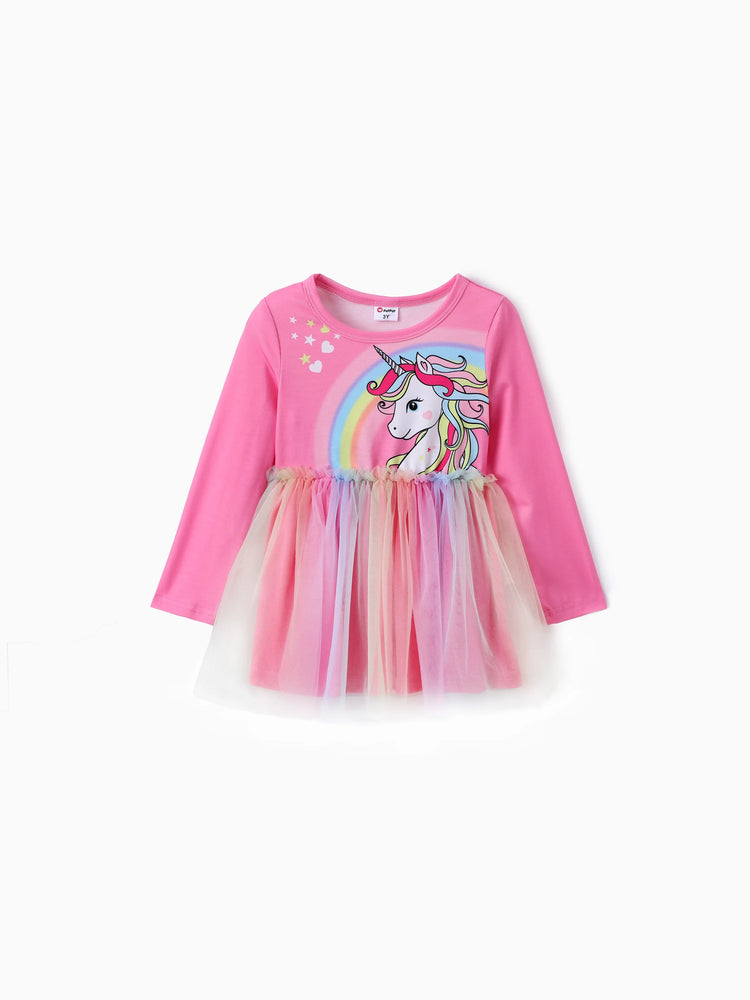 Conjunto de 2 piezas de top y leggings de malla con estampado de unicornio para niña pequeña, color rosa