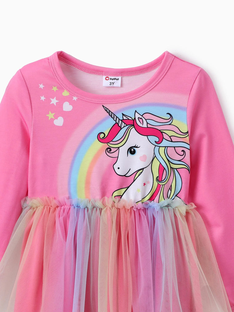 Conjunto de 2 piezas de top y leggings de malla con estampado de unicornio para niña pequeña, color rosa