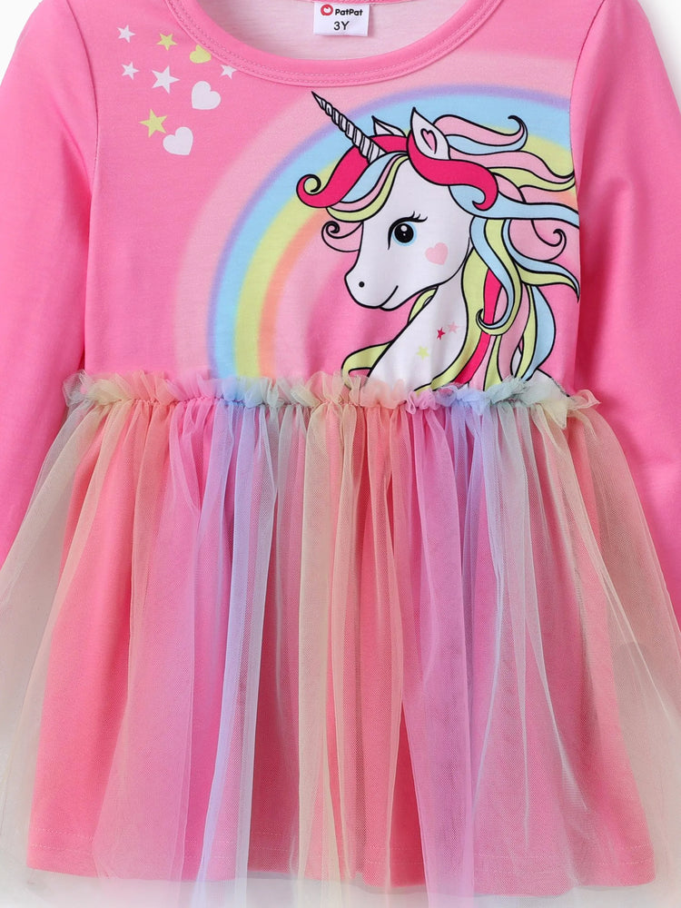 Conjunto de 2 piezas de top y leggings de malla con estampado de unicornio para niña pequeña, color rosa