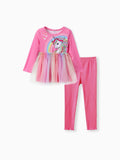 Conjunto de 2 piezas de top y leggings de malla con estampado de unicornio para niña pequeña, color rosa