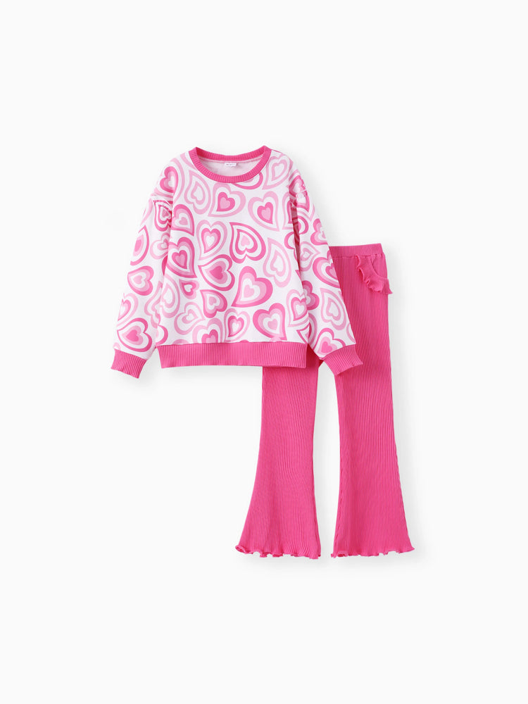 Kid Girl 2pcs Heart Print Sweatshirt and Flared Leggings Set Rose pink