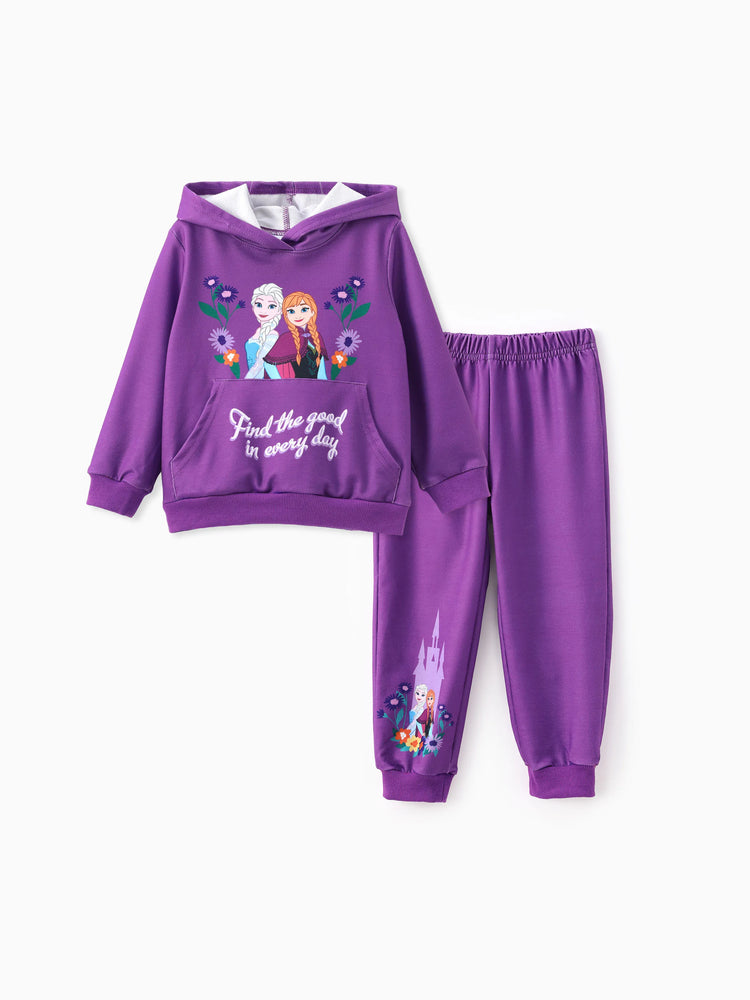 Disney Frozen 2pcs Toddler Girl Elsa&Anna Floral Long-sleeve Hoodie and Pants Set Deep Magenta