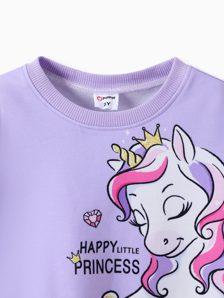 Sudadera con estampado de unicornio infantil para niña pequeña, color morado