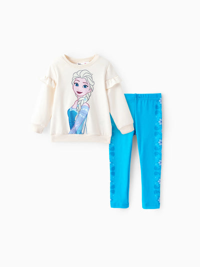 Disney Frozen Toddler Girl Elsa 2pcs Floral Flutter-sleeve Sweatshirt with Leggings Set Apricot