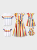 Family Matching Colorful Striped V Neck Flutter-sleeve Dresses and Short-sleeve T-shirts Sets COLOREDSTRIPES