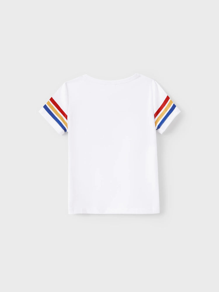 Family Matching Colorful Striped V Neck Flutter-sleeve Dresses and Short-sleeve T-shirts Sets COLOREDSTRIPES