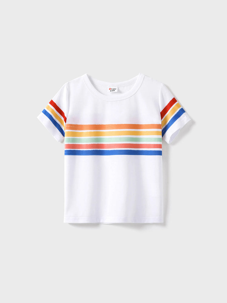 Family Matching Colorful Striped V Neck Flutter-sleeve Dresses and Short-sleeve T-shirts Sets COLOREDSTRIPES