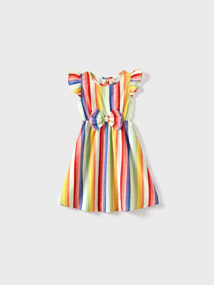 Family Matching Colorful Striped V Neck Flutter-sleeve Dresses and Short-sleeve T-shirts Sets COLOREDSTRIPES
