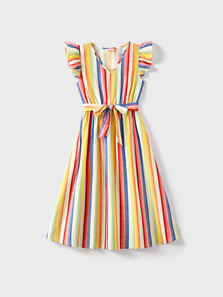 Family Matching Colorful Striped V Neck Flutter-sleeve Dresses and Short-sleeve T-shirts Sets COLOREDSTRIPES