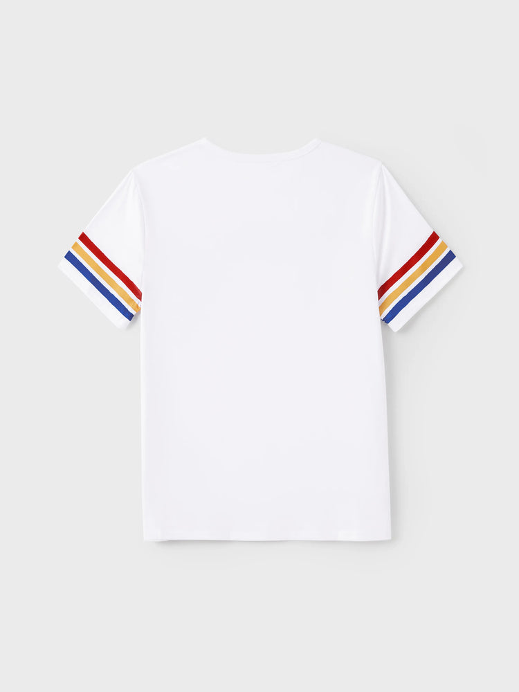 Family Matching Colorful Striped V Neck Flutter-sleeve Dresses and Short-sleeve T-shirts Sets COLOREDSTRIPES