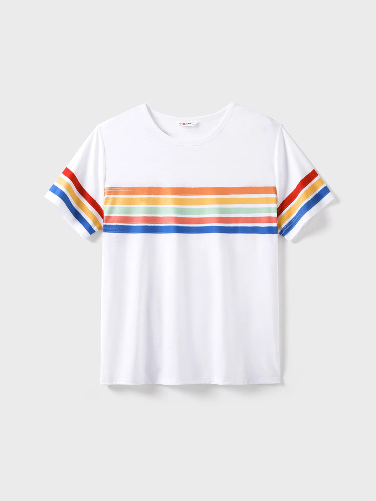 Family Matching Colorful Striped V Neck Flutter-sleeve Dresses and Short-sleeve T-shirts Sets COLOREDSTRIPES