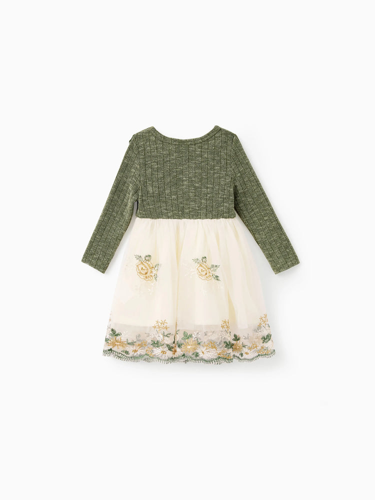 Family Matching Sets Green Long Sleeves Shirt or Ribbed Off-Shoulder Embroidered Tulle Dress Green