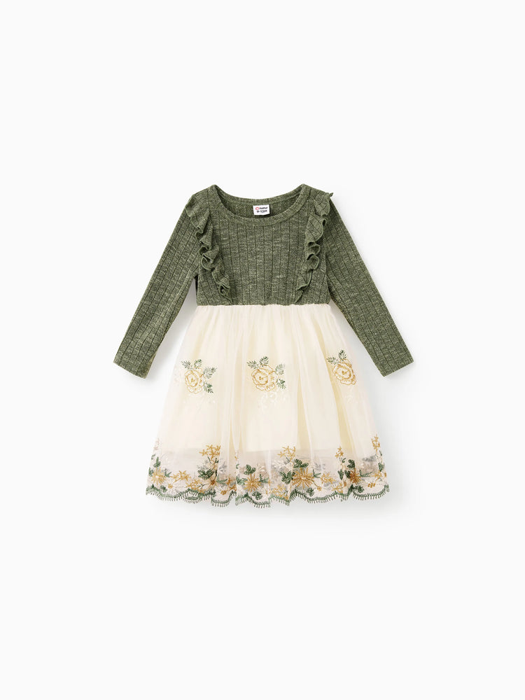 Family Matching Sets Green Long Sleeves Shirt or Ribbed Off-Shoulder Embroidered Tulle Dress Green