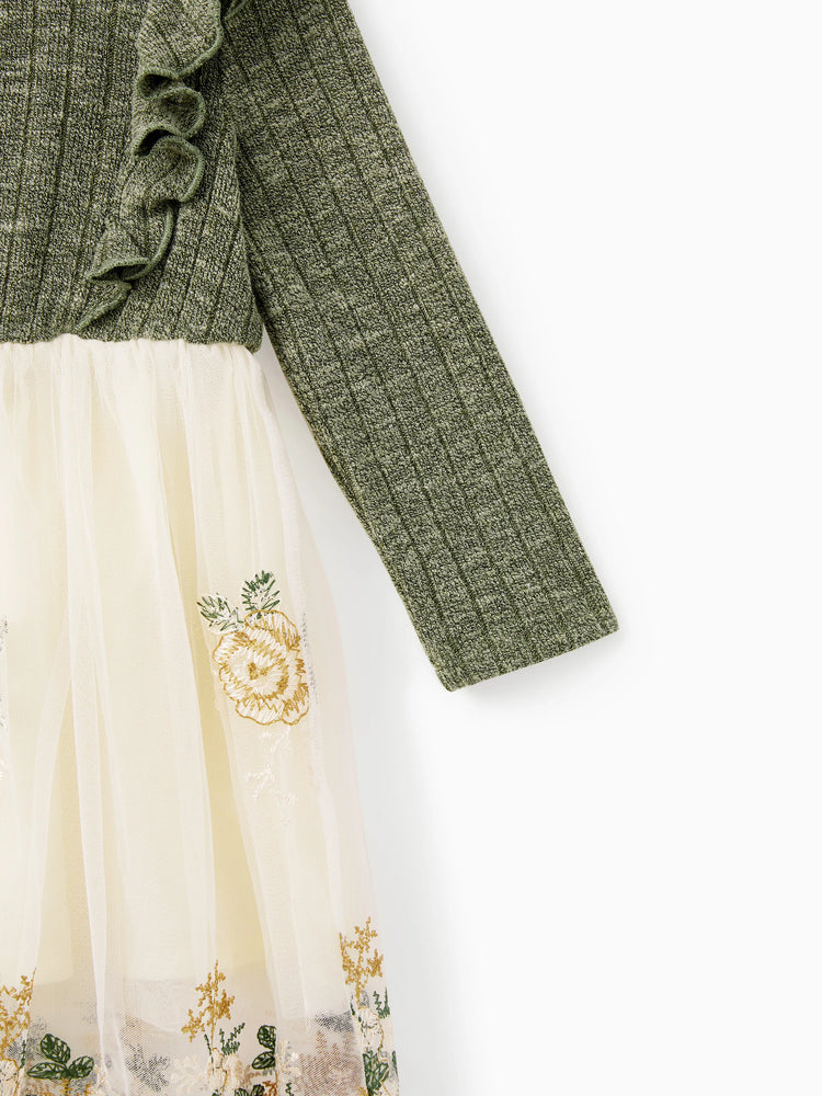 Family Matching Sets Green Long Sleeves Shirt or Ribbed Off-Shoulder Embroidered Tulle Dress Green