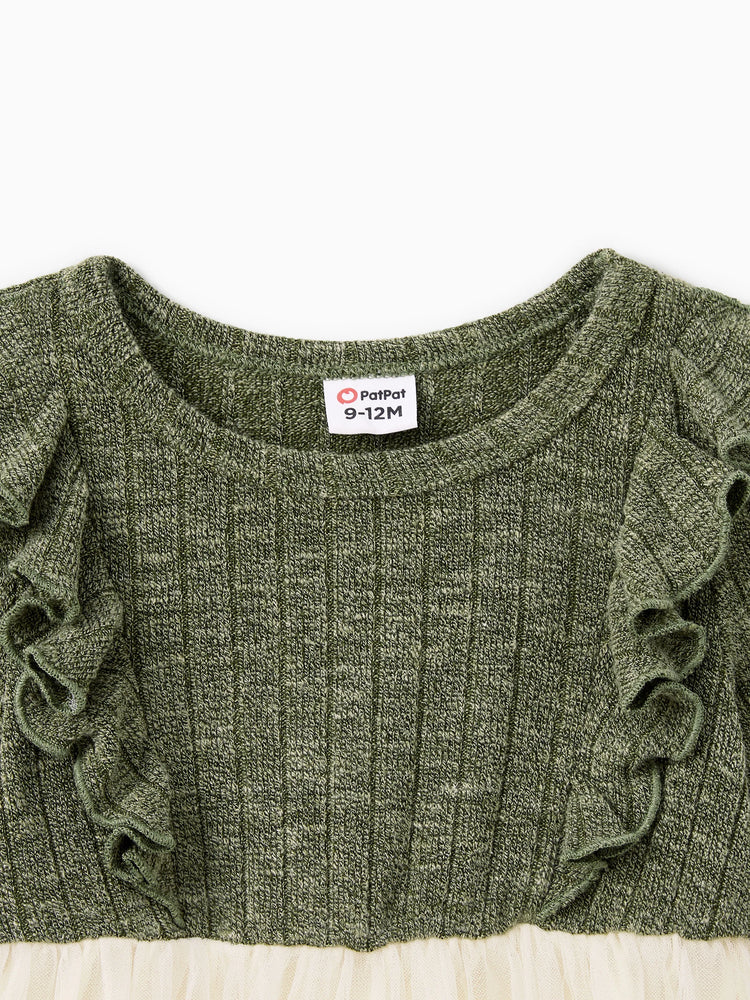 Family Matching Sets Green Long Sleeves Shirt or Ribbed Off-Shoulder Embroidered Tulle Dress Green