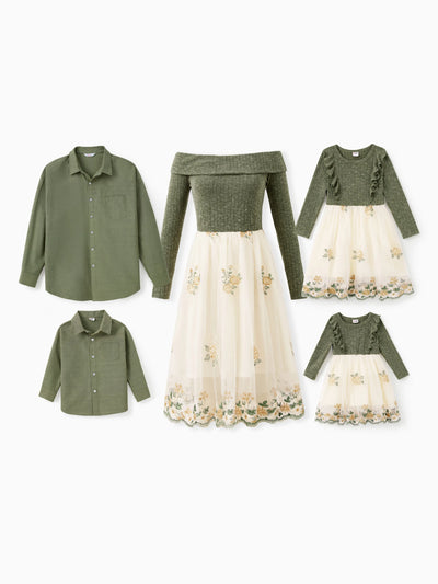 Ensembles familiaux assortis : chemise verte à manches longues ou robe en tulle brodée côtelée à épaules dénudées