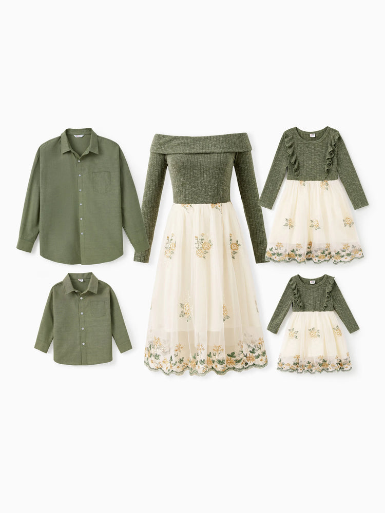 Family Matching Sets Green Long Sleeves Shirt or Ribbed Off-Shoulder Embroidered Tulle Dress Green