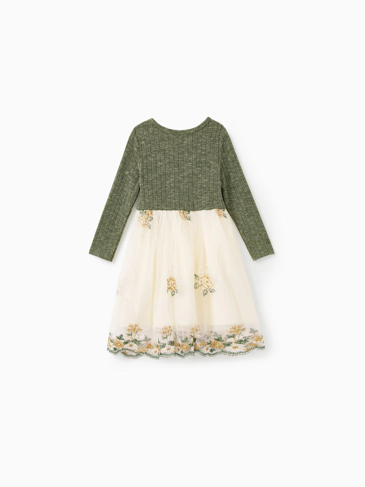 Family Matching Sets Green Long Sleeves Shirt or Ribbed Off-Shoulder Embroidered Tulle Dress Green