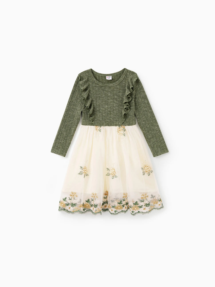 Family Matching Sets Green Long Sleeves Shirt or Ribbed Off-Shoulder Embroidered Tulle Dress Green