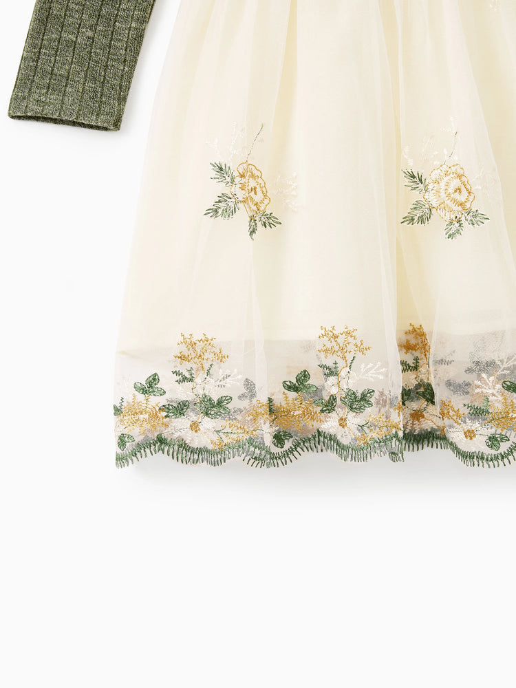 Family Matching Sets Green Long Sleeves Shirt or Ribbed Off-Shoulder Embroidered Tulle Dress Green