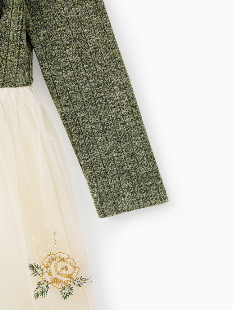 Family Matching Sets Green Long Sleeves Shirt or Ribbed Off-Shoulder Embroidered Tulle Dress Green