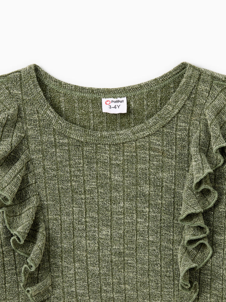 Family Matching Sets Green Long Sleeves Shirt or Ribbed Off-Shoulder Embroidered Tulle Dress Green