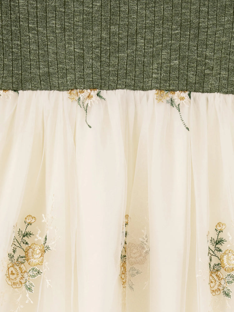 Family Matching Sets Green Long Sleeves Shirt or Ribbed Off-Shoulder Embroidered Tulle Dress Green