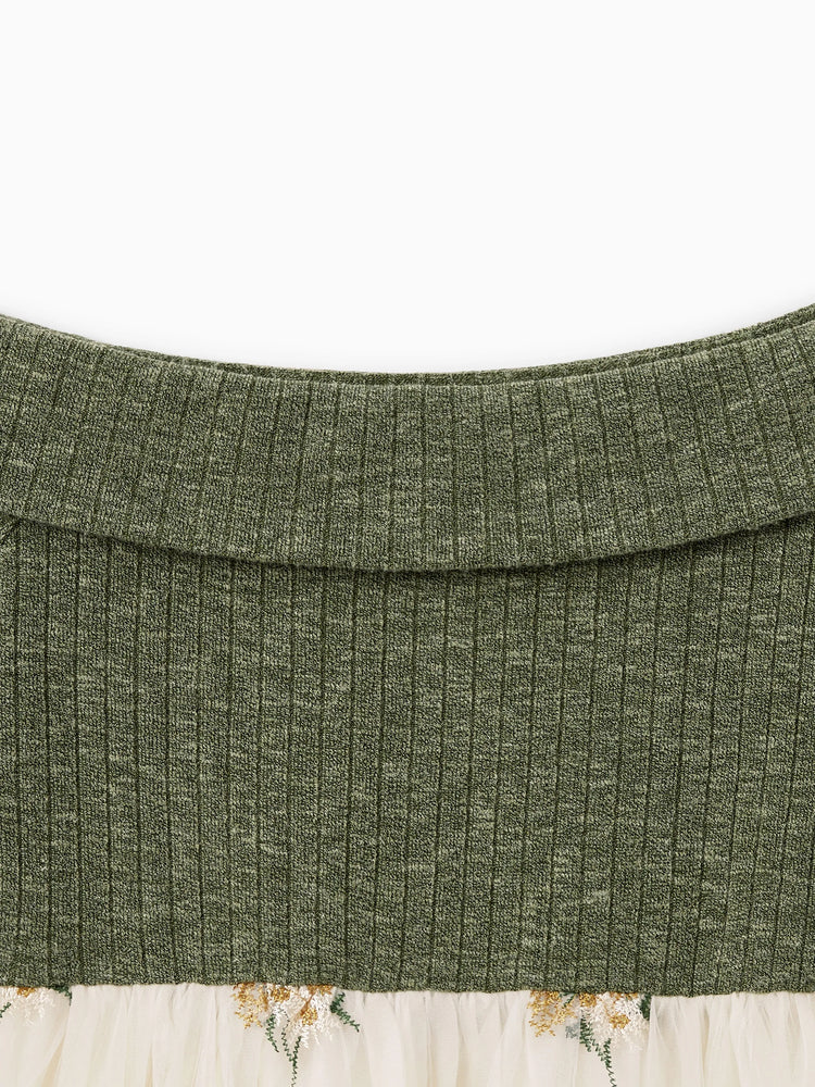 Family Matching Sets Green Long Sleeves Shirt or Ribbed Off-Shoulder Embroidered Tulle Dress Green