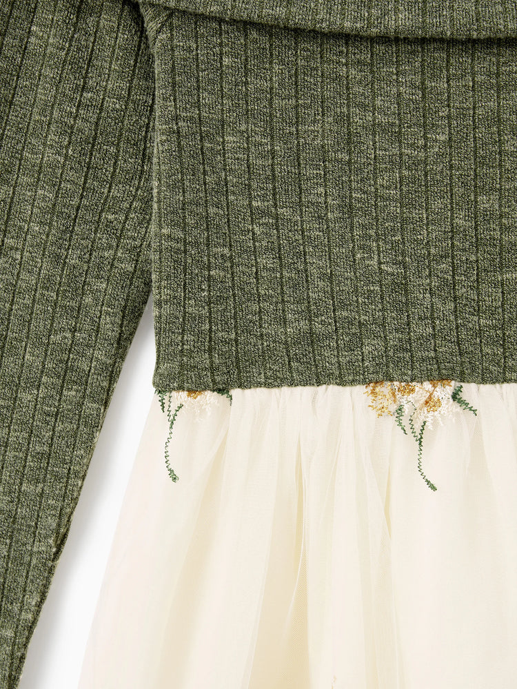 Family Matching Sets Green Long Sleeves Shirt or Ribbed Off-Shoulder Embroidered Tulle Dress Green