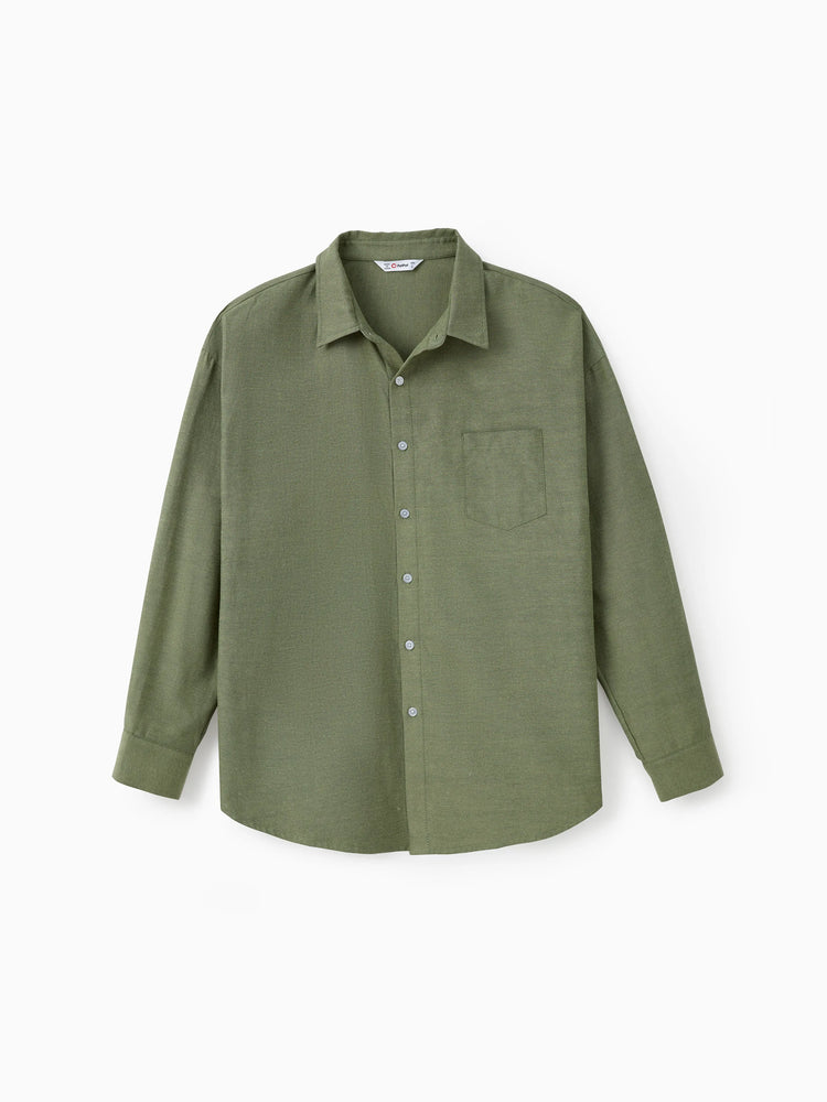 Family Matching Sets Green Long Sleeves Shirt or Ribbed Off-Shoulder Embroidered Tulle Dress Green