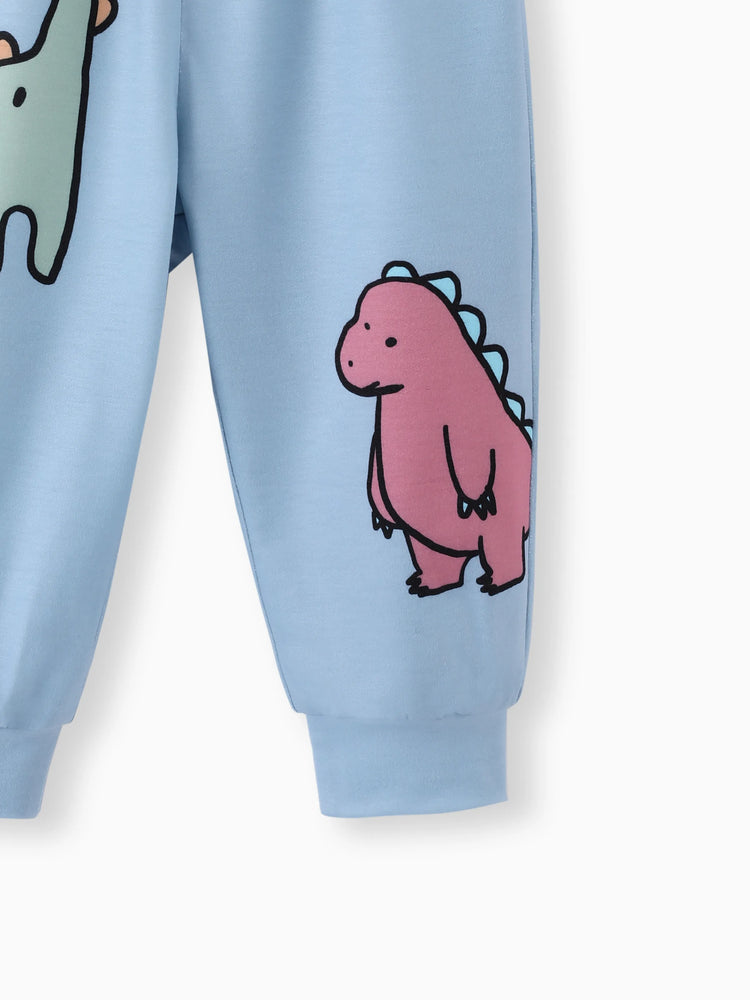 Ensemble 2 pièces pour bébé garçon, sweat-shirt et pantalon imprimé dinosaure/véhicule, bleu et gris