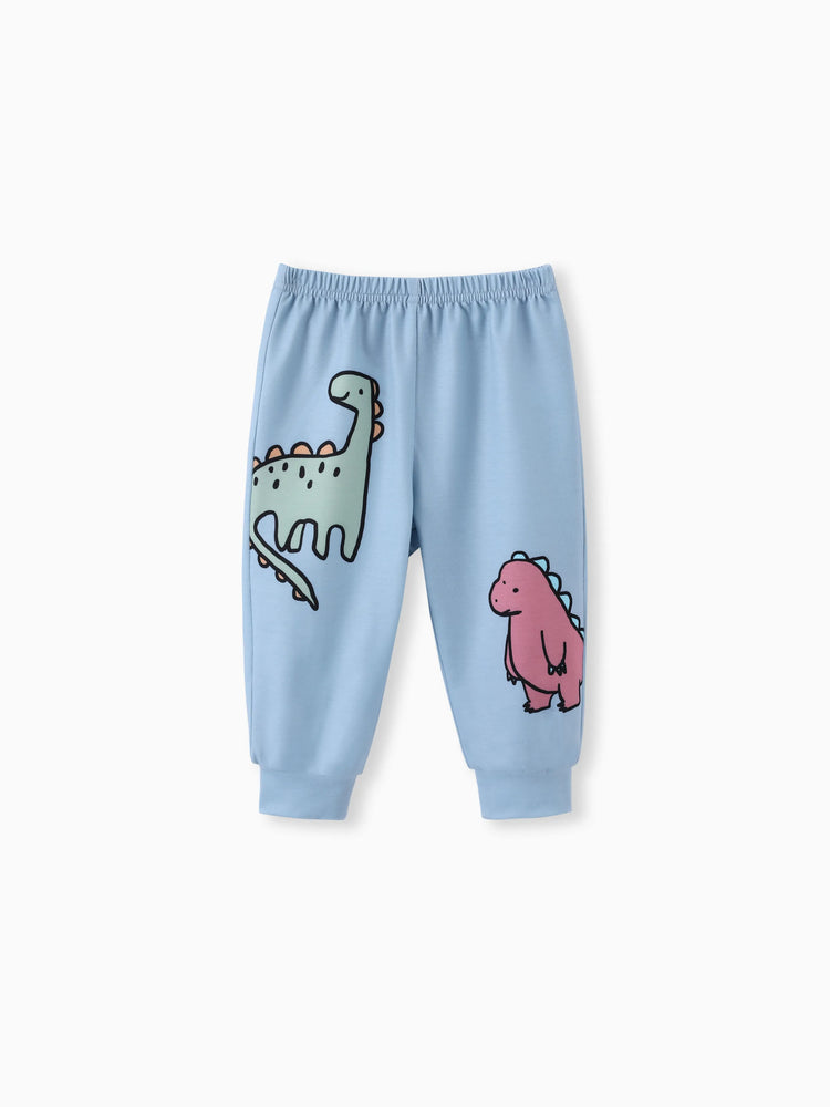 Ensemble 2 pièces pour bébé garçon, sweat-shirt et pantalon imprimé dinosaure/véhicule, bleu et gris