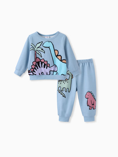 Baby Boy Clothes 2pcs Dinosaur/ Vehicle Print Sweatshirt and Pants Set Blue grey